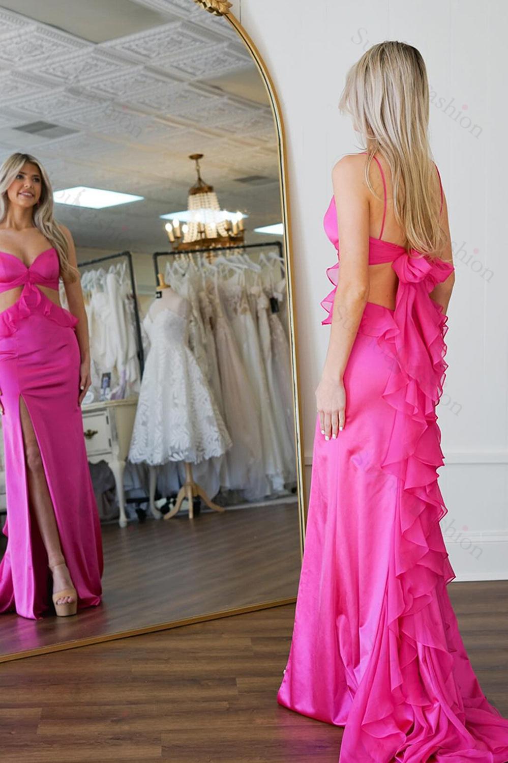 Fuchsia Prom Dress Mermaid Ruffled Satin Long Formal Dress With Slit