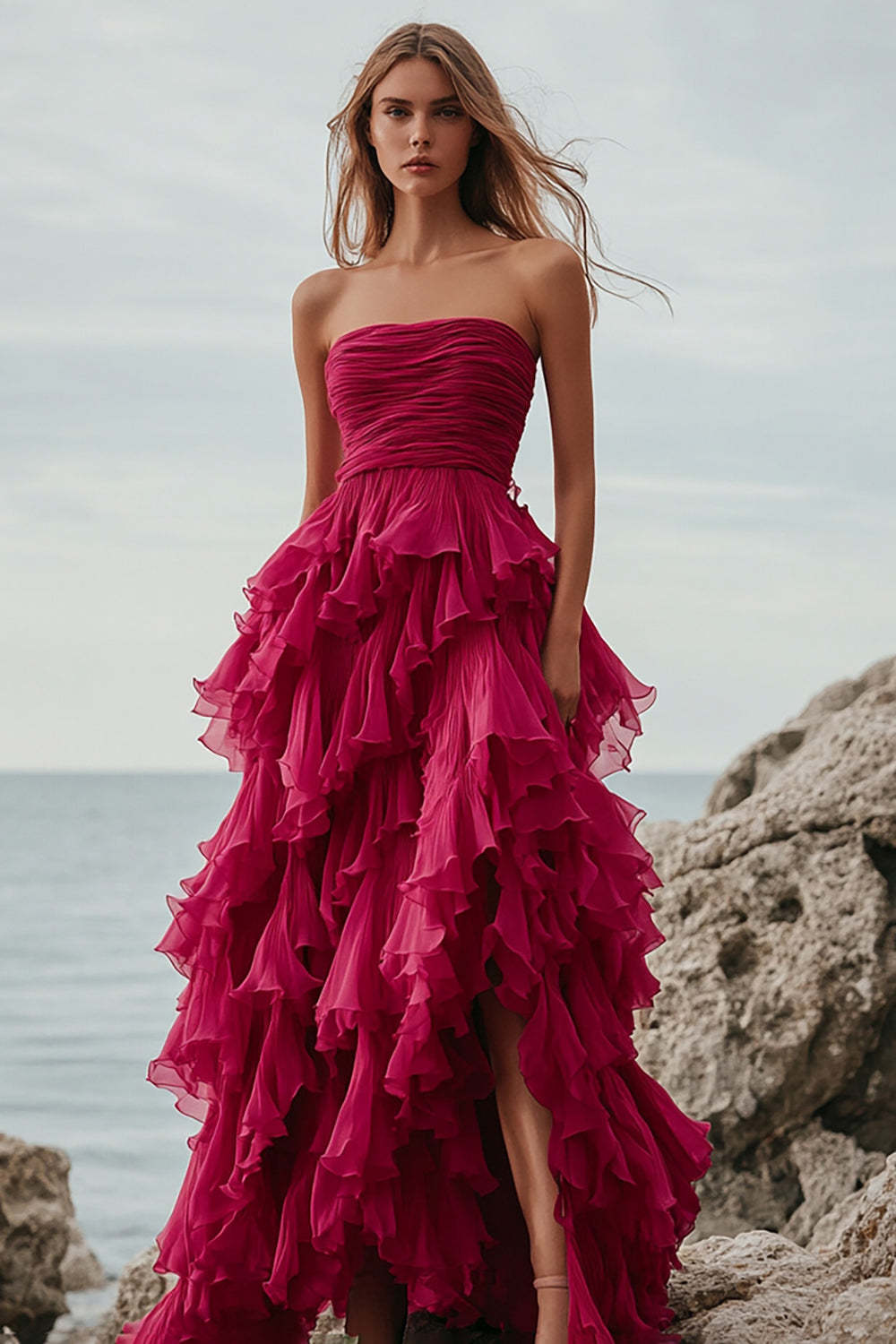 Fuchsia Prom Dress Organza Strapless Long Ball Gown Formal Dress With Ruffles