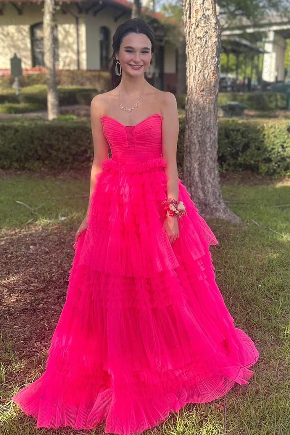 Fuchsia Prom Dress Ruffled Sweetheart Long Formal Dress