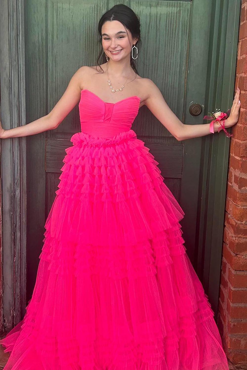 Fuchsia Prom Dress Ruffled Sweetheart Long Formal Dress