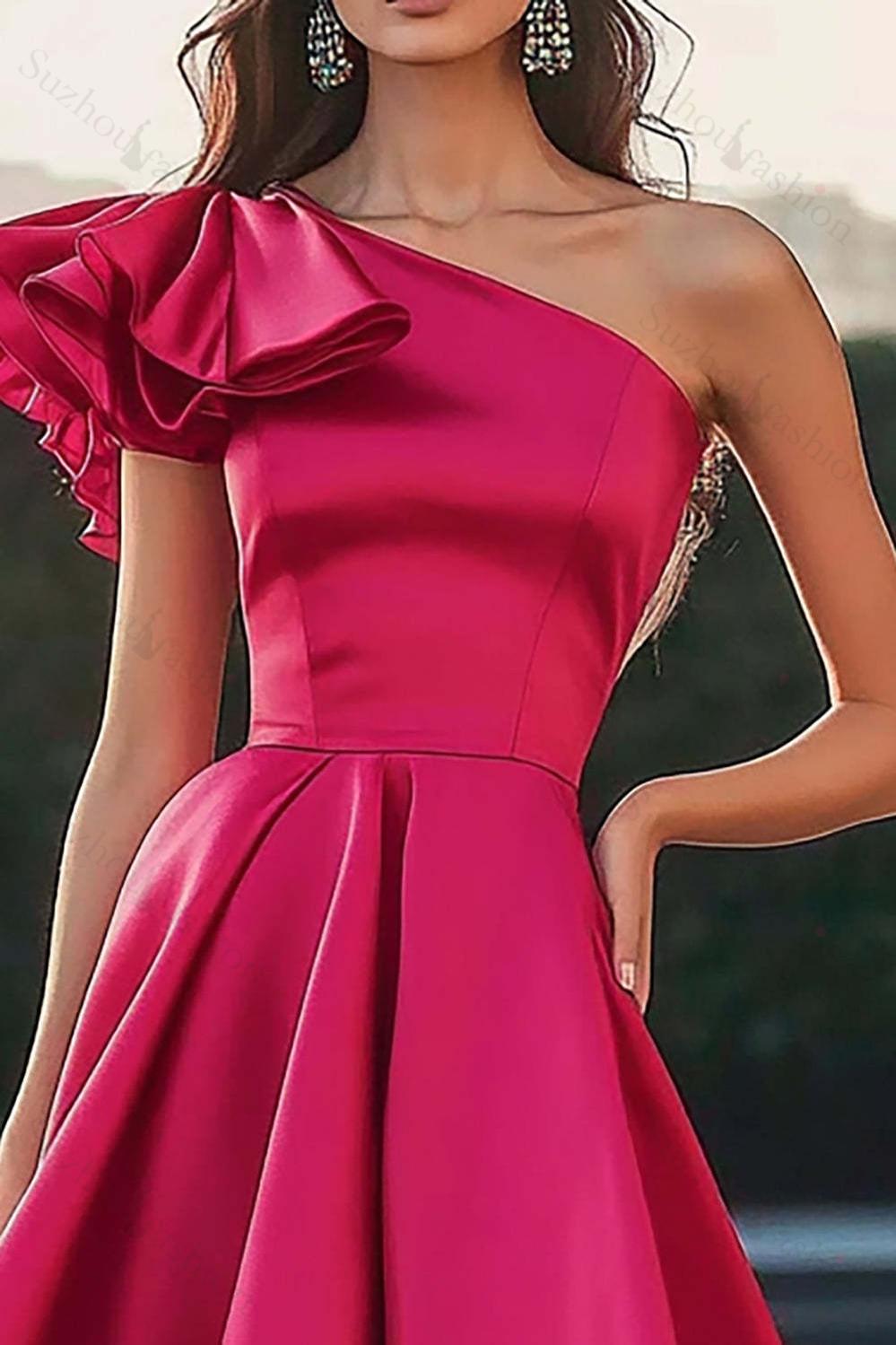 Fuchsia Prom Dress Satin One Shoulder High-Low Ruffled A Line Formal Dress
