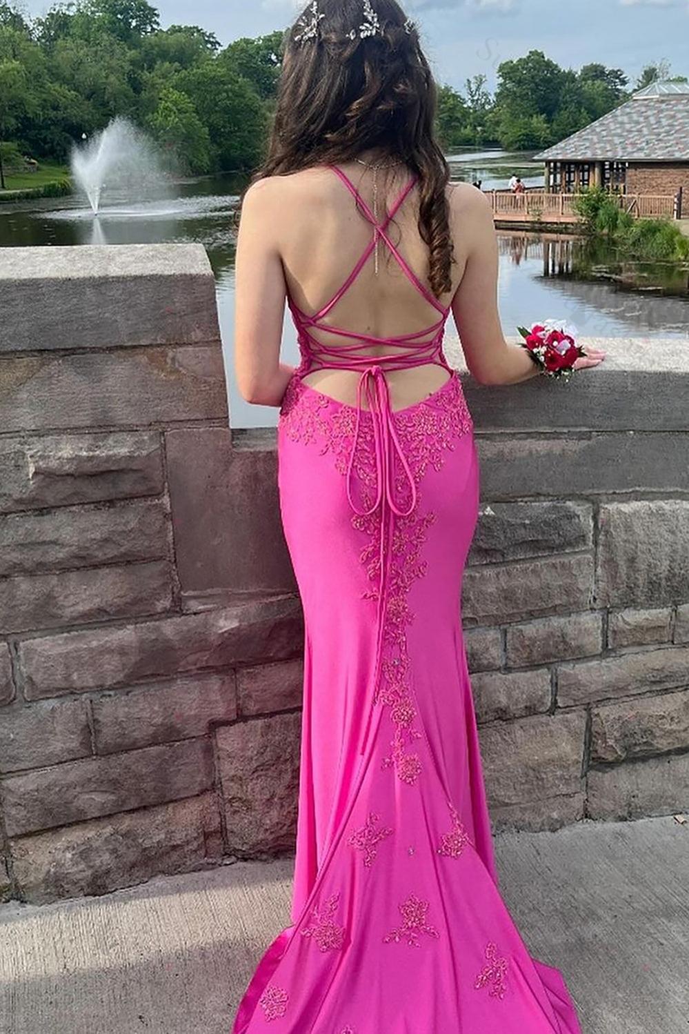Fuchsia Prom Dress Spaghetti Straps Mermaid Satin Long Formal Dress With Slit