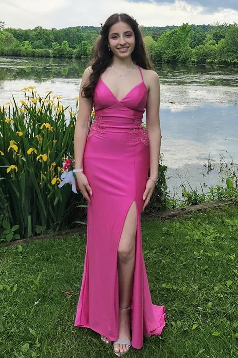 Fuchsia Prom Dress Spaghetti Straps Mermaid Satin Long Formal Dress With Slit