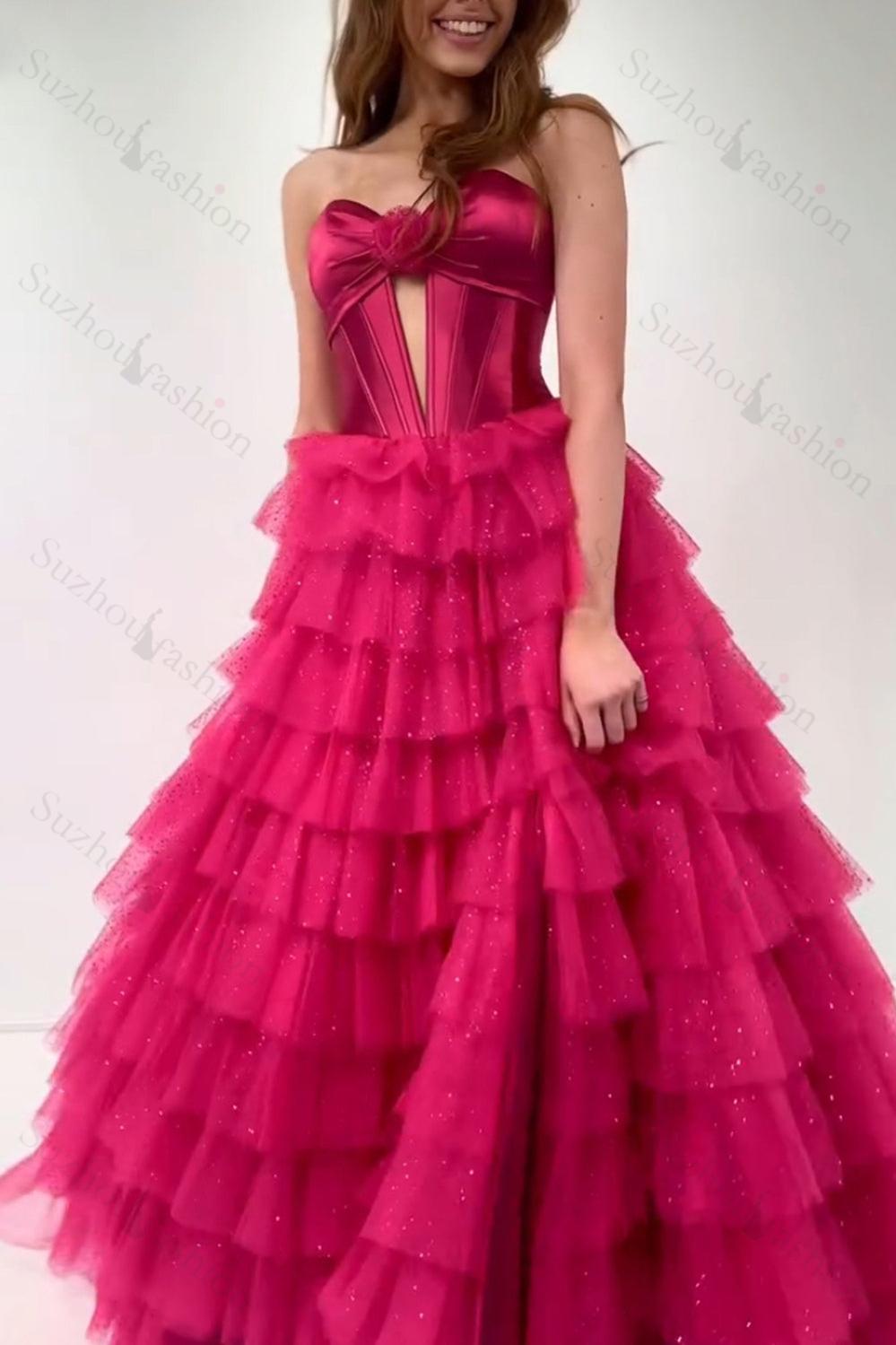 Fuchsia Prom Dress Strapless Ruffled Corset Tulle Long Formal Dress