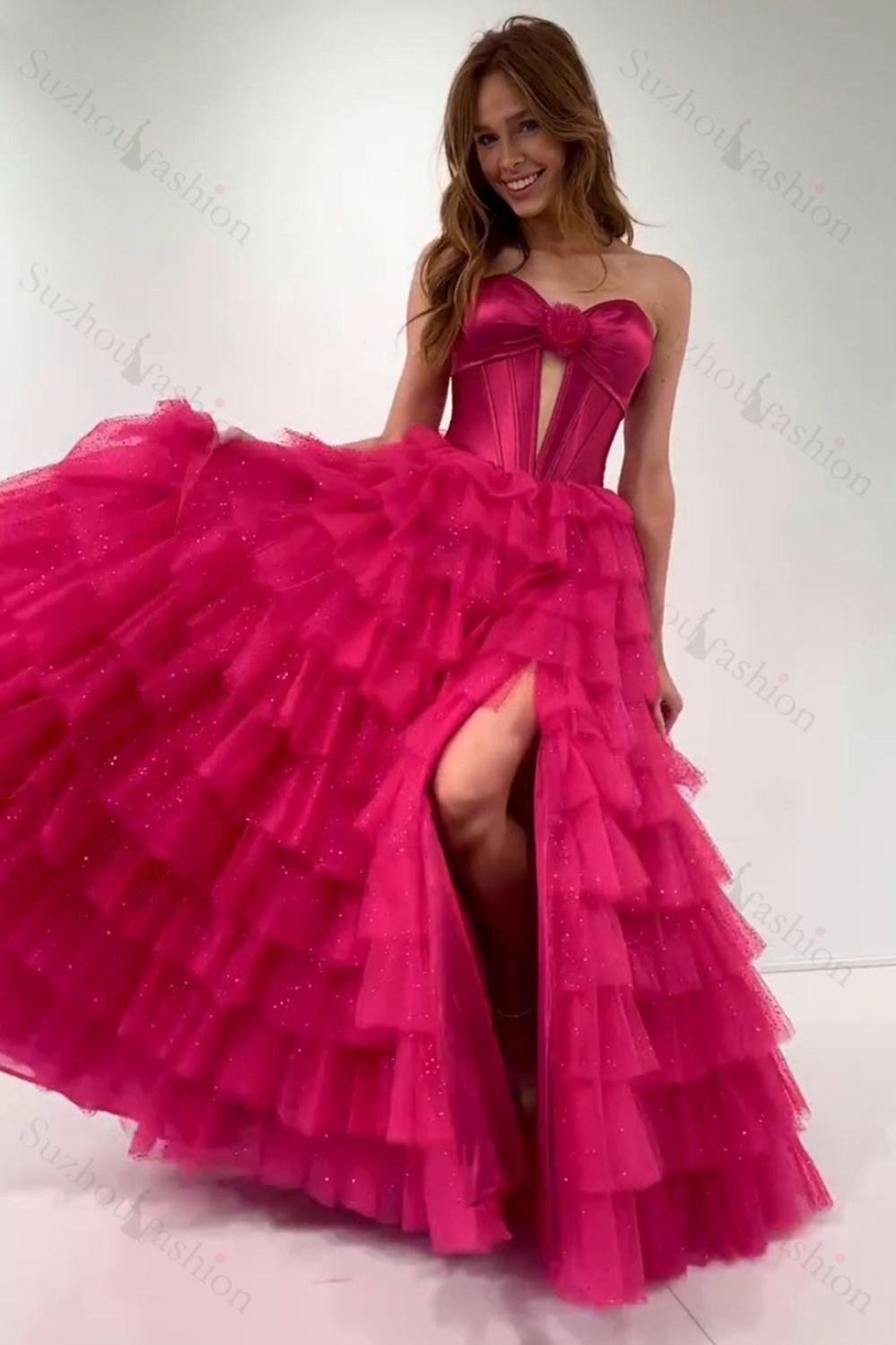 Fuchsia Prom Dress Strapless Ruffled Corset Tulle Long Formal Dress