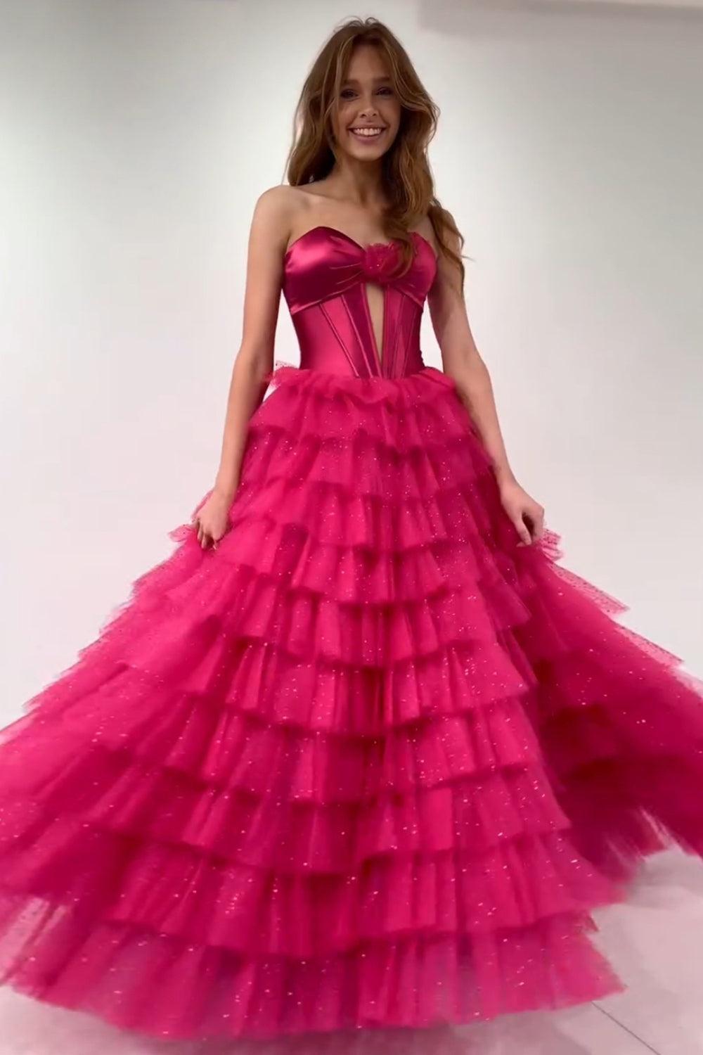 Fuchsia Prom Dress Strapless Ruffled Corset Tulle Long Formal Dress