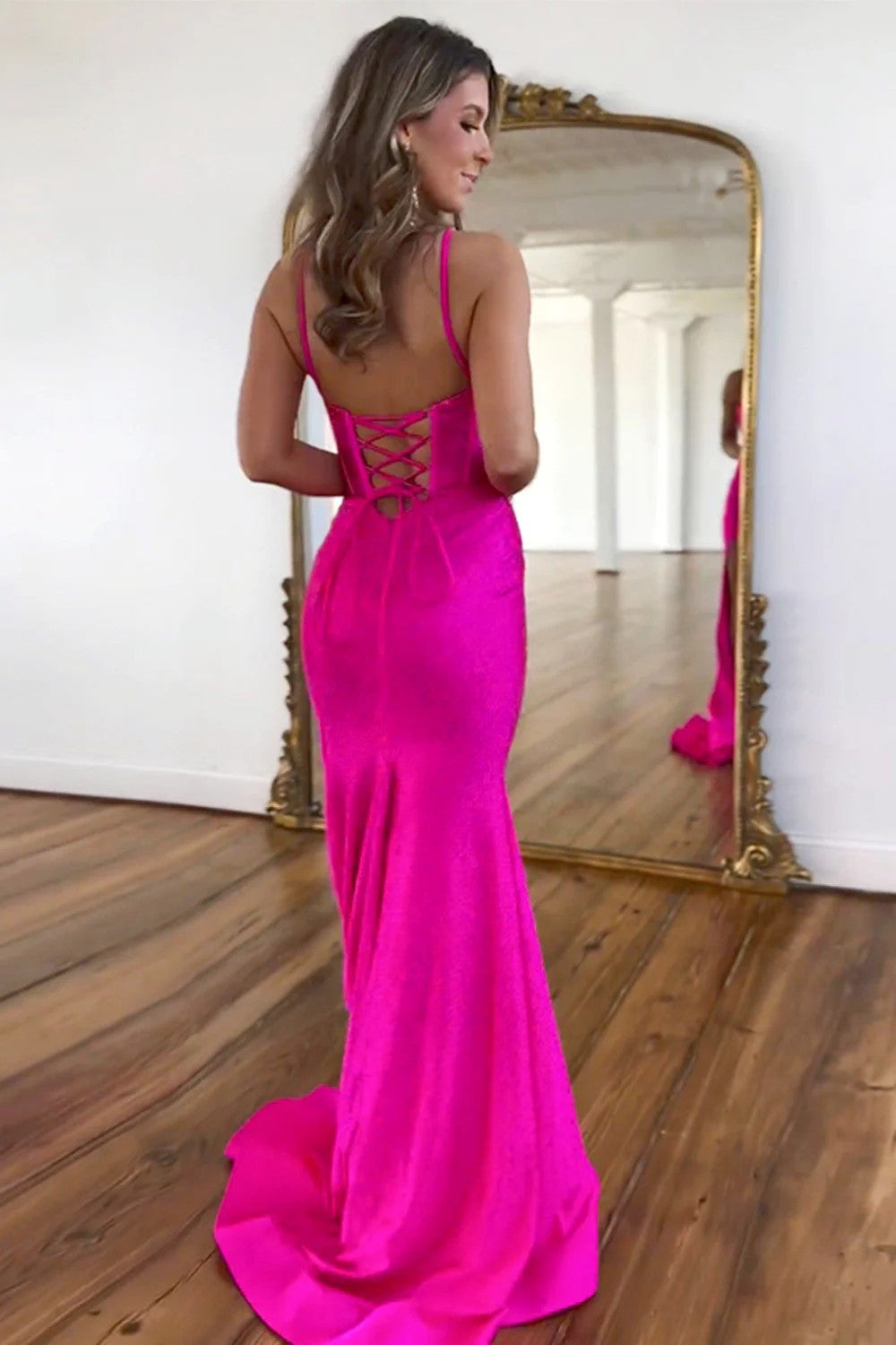 Sparkly Mermaid Spaghetti Straps Fuchsia Corset Prom Dress with Beading - View 2 | FashionDia
