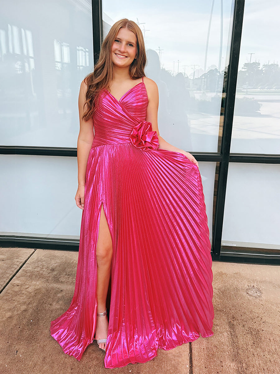 Fuchsia Metallic Pleated Long Prom Dress with Rosette