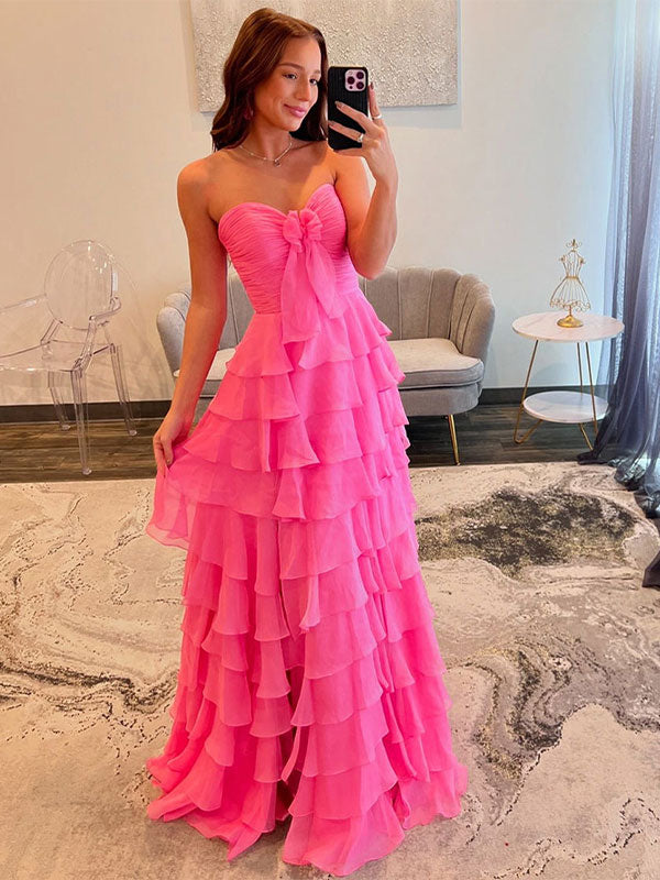 Fuchsia A-Line Sweetheart Chiffon Tiered Long Prom Dress with Slit
