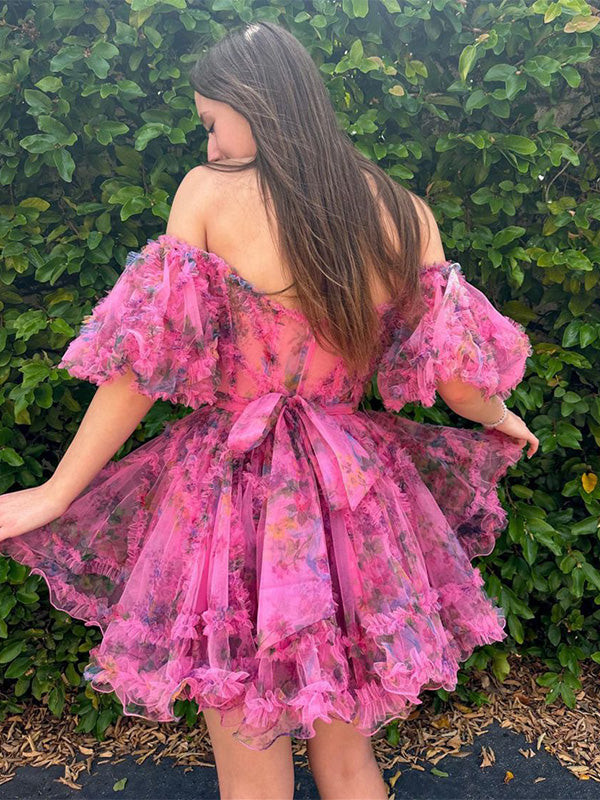 A-Line Off The Shoulder Short Tulle Print Homecoming Dress