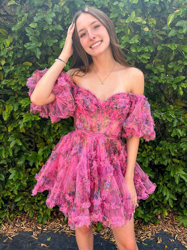 A-Line Off The Shoulder Short Tulle Print Homecoming Dress