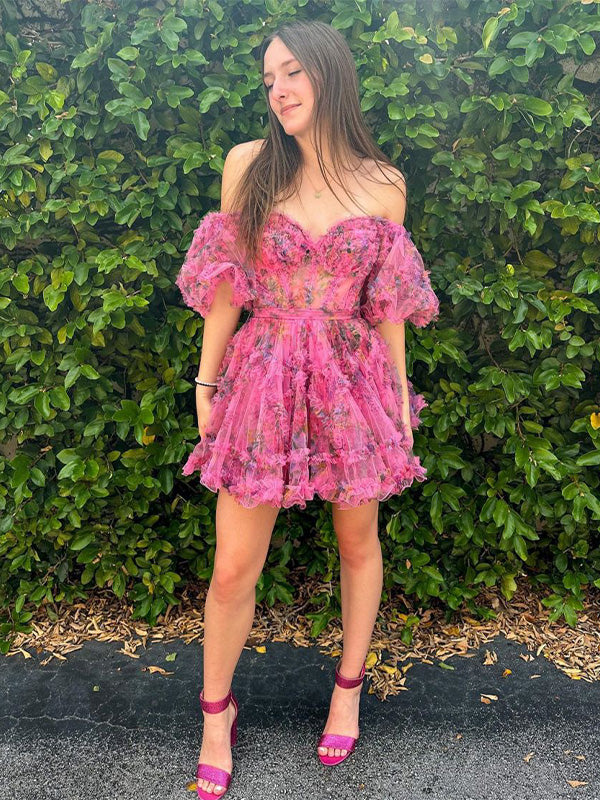 A-Line Off The Shoulder Short Tulle Print Homecoming Dress