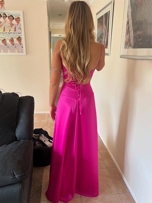 Fuchsia A-Line Spaghetti Straps Satin Long Prom Party Dress