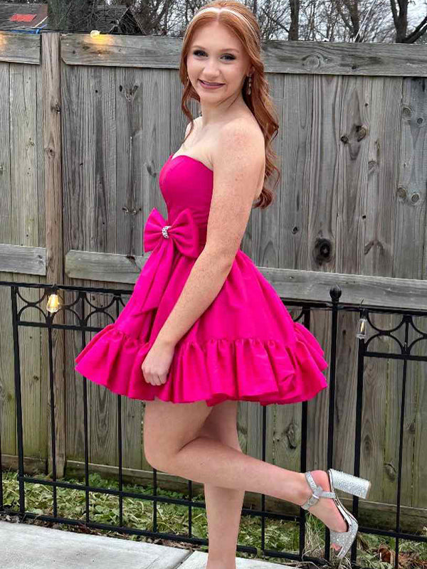 A-Line Strapless Short Satin Homecoming Dress With Bowknot
