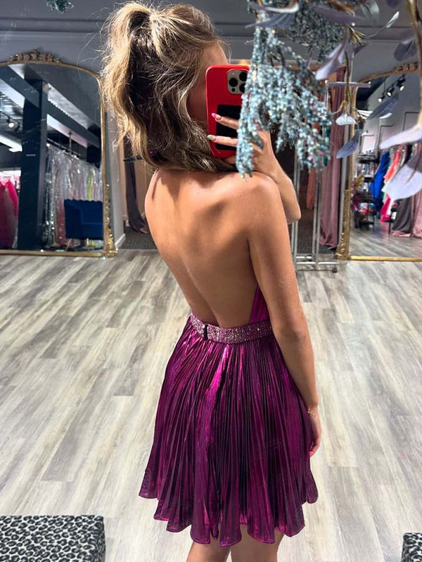 Halter Ruffles Beaded Pleated Short Homecoming Dress