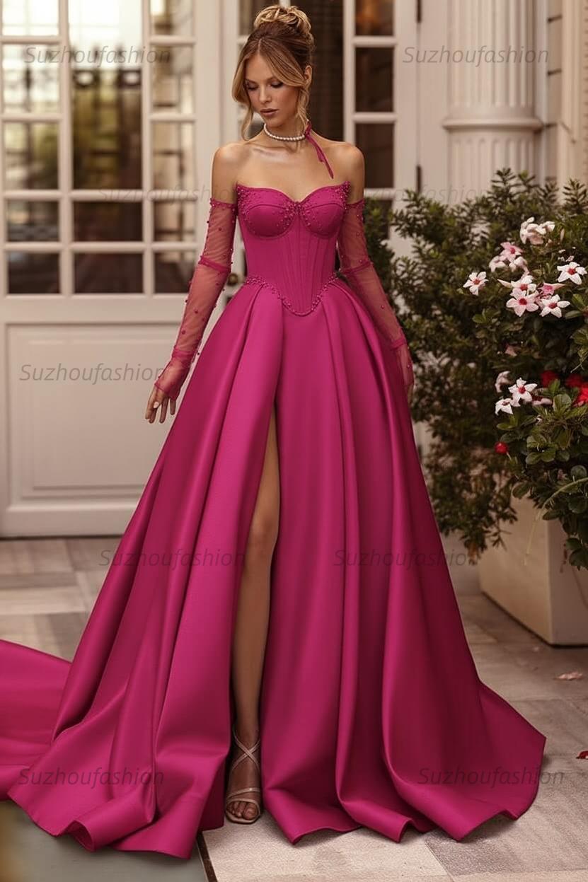 Lilac Prom Dress Beaded A Line Sweetheart Corset Evening Dress with Slit