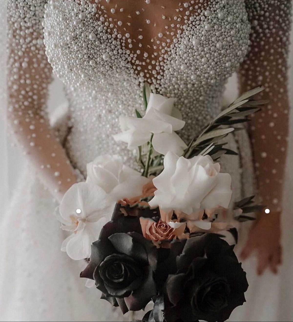 Full Beads Luxury Long Sleeve Wedding Dresses with Pearls | Sexy Sheer Tulle Overkirt Bridal Dresses with Buttons