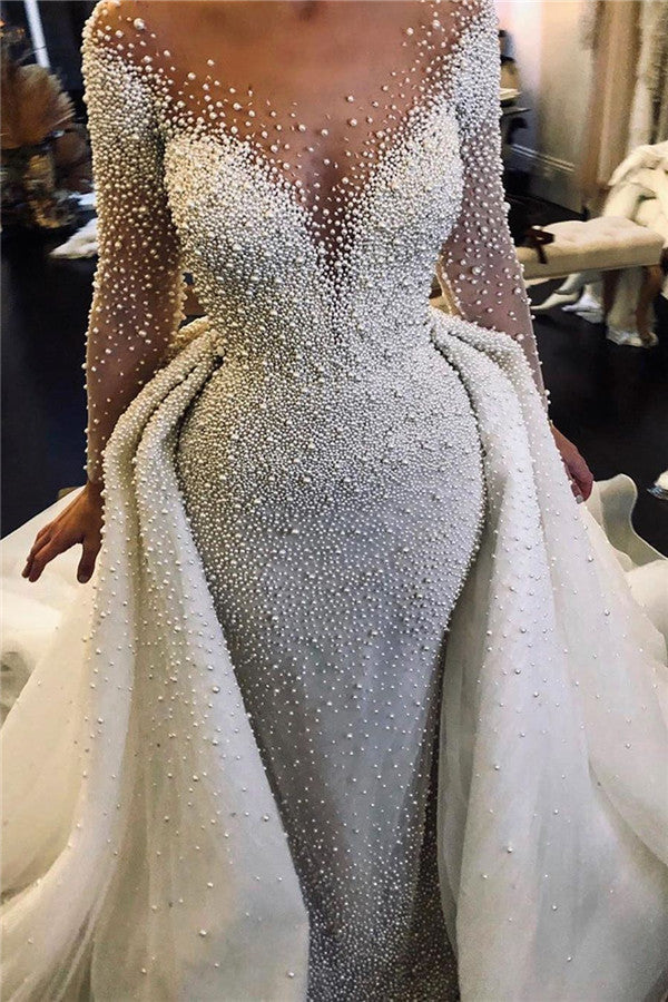 Full Beads Luxury Long Sleeve Wedding Dresses with Pearls | Sexy Sheer Tulle Overkirt Bridal Dresses with Buttons
