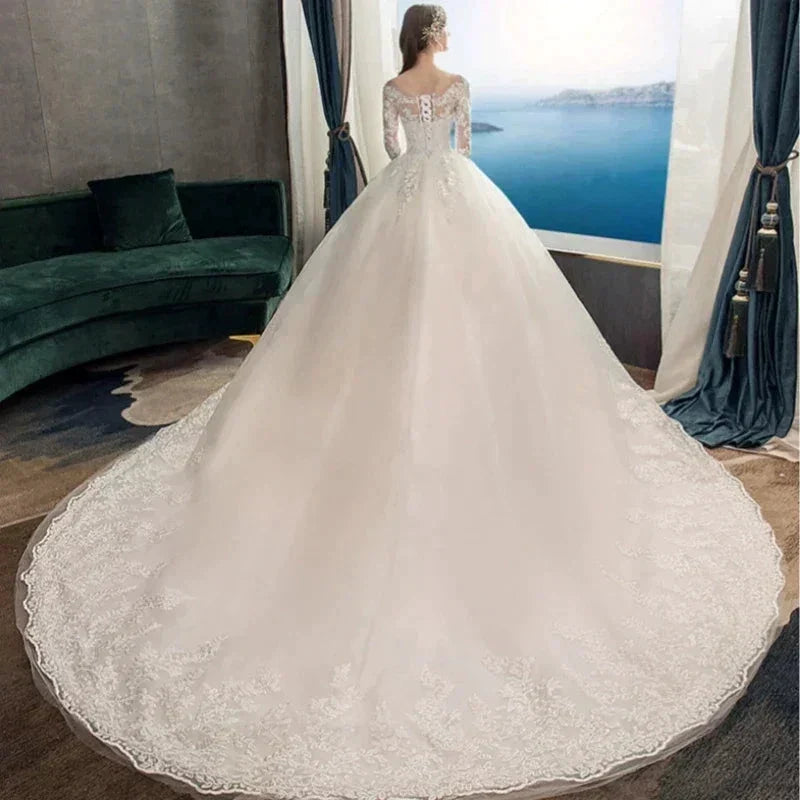 Full Sleeve Lace Long Train Wedding Dresses Illusion Long Appliques Lace Embroidery Vestido De Noiva Vestidos De Novia (ZD14012) - View 2 | VelvetHem