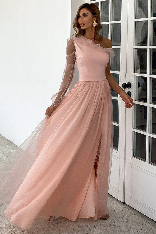 Full-Length Pink One Sleeve Prom Dress Evening Gown - Fashionpara