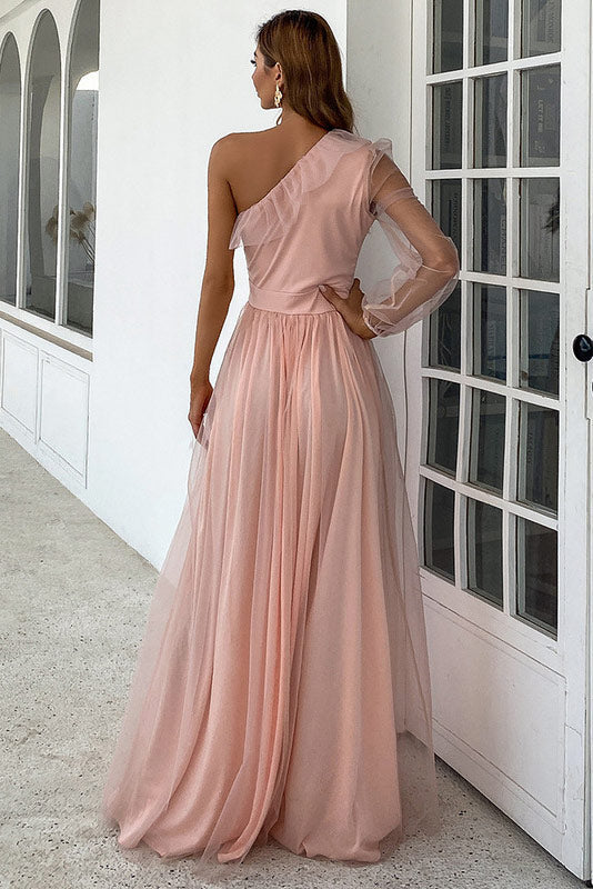 Full-Length Pink One Sleeve Prom Dress Evening Gown - Fashionpara