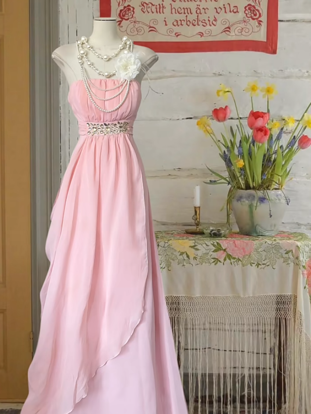 Charming Strapless Pink Chiffon Beaded Long Prom Dress Formal Birthday Party Dress - FashionDia