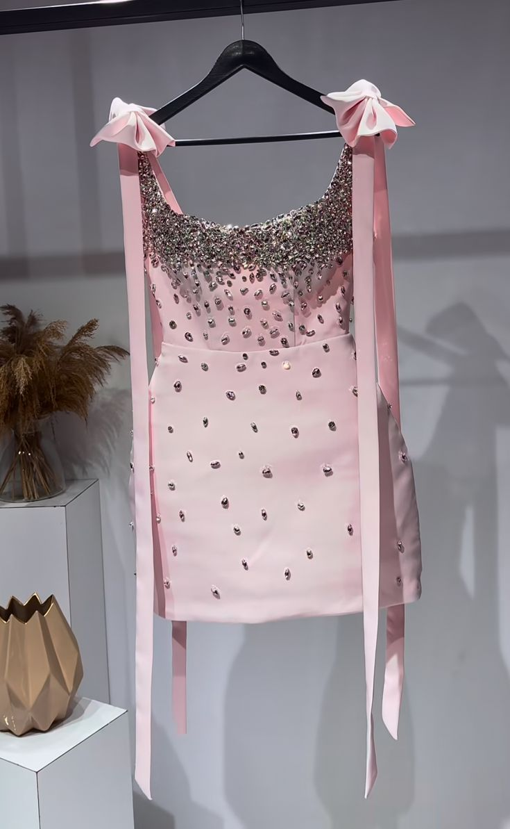 Cute Pink Square Neck Satin Beaded Short Birthday Outfits Strapless Homecoming Dress With Bow - View 2 | FashionDia