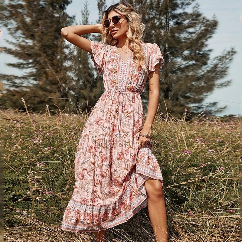 Elevated Yoselin Pink Bohemian Midi Dress Designer Edit