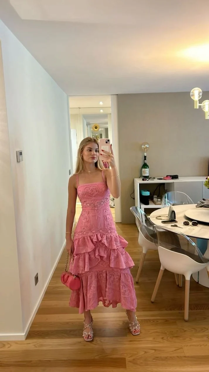 Pink Lace Layered A Line Prom Dress Formal Party Evening Dress