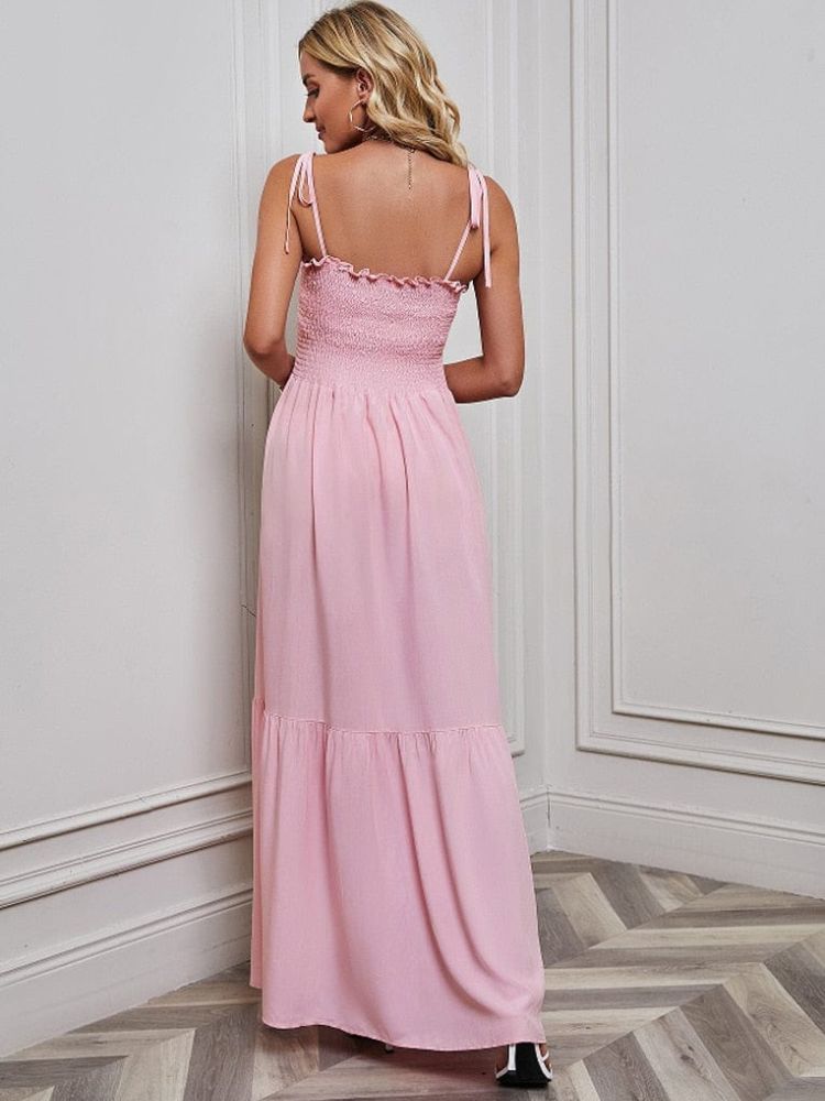 Belén Statement Pink Summer Maxi Dress with Spaghetti Straps Boutique Collection