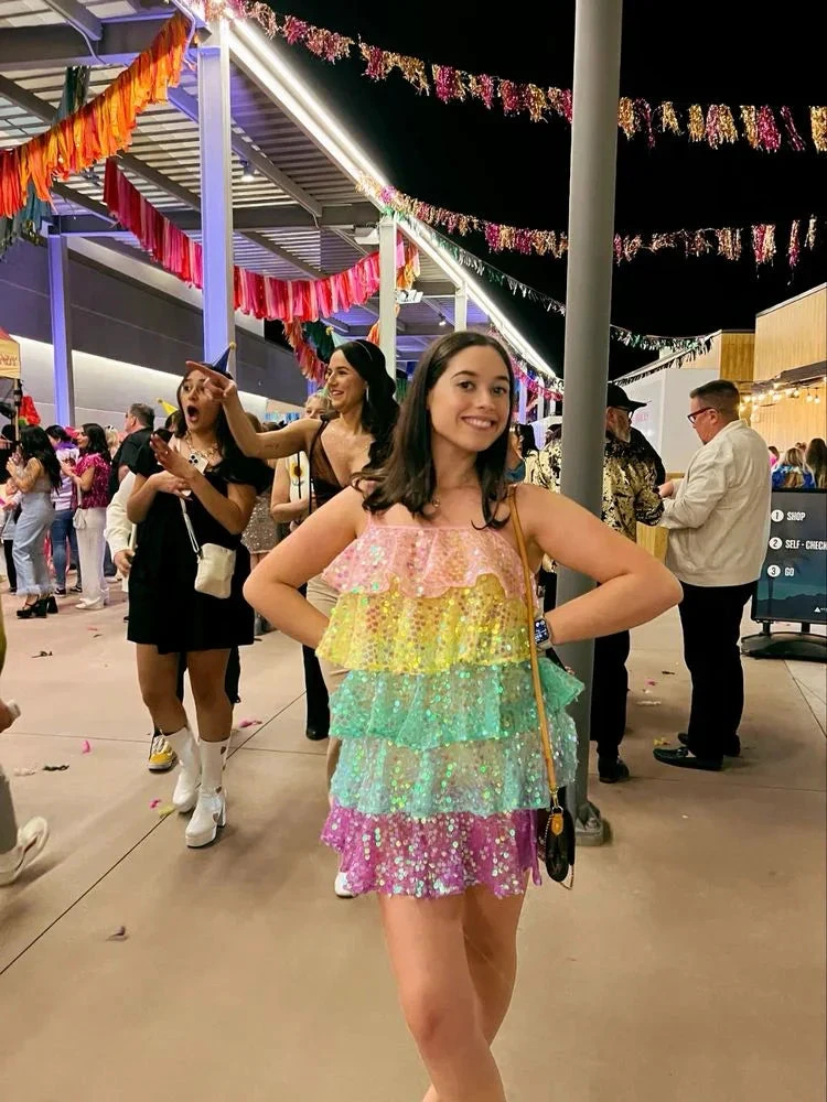 Women Shiny Sequin Sparkle Homecoming Dress Sleeveless Glitter Layered Rainbow Ruffle Dress Party Club Night Dress (ZD12065)