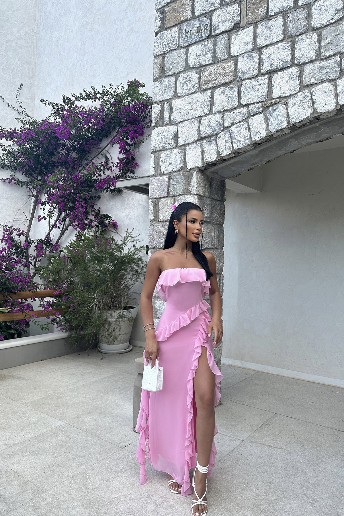 Pretty Pink Strapless Ruffle Slit Evening Dress Long Birthday Prom Dress Y8203 - View 3 | VelvetHem