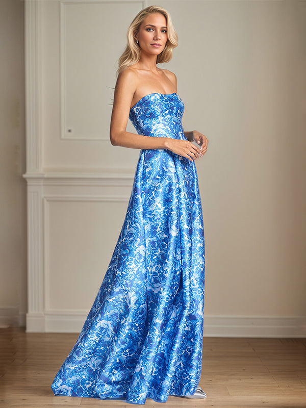 A-Line Off the Shoulder Sea Blue Satin Floral Mother of the Bride Dress