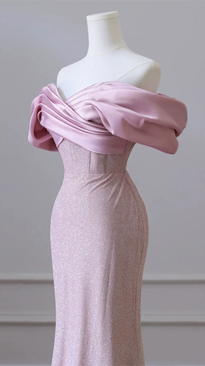 Flesh Pink Sequin Evening Gown Elegant Women's Off Shoulder Party Prom Evening Dress Y6963 - View 3 | VelvetHem