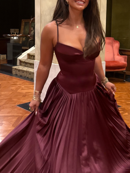 Beautiful A line Spaghetti Straps Burgundy Long Satin Party Dresses Prom Dress