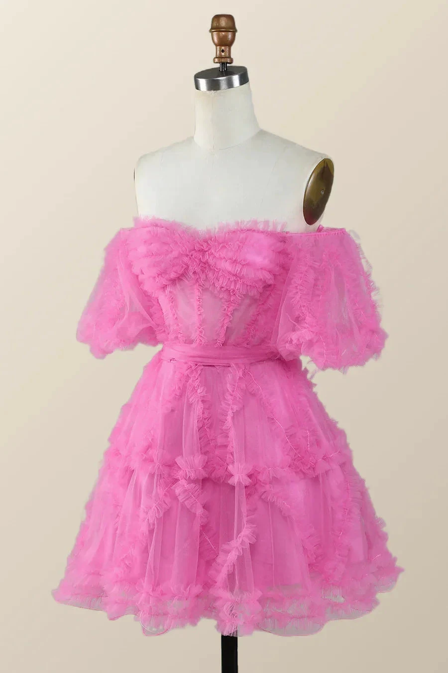 Off the Shoulder Hot Pink Ruffles Short A-line Homecoming Dress (ZD11931)
