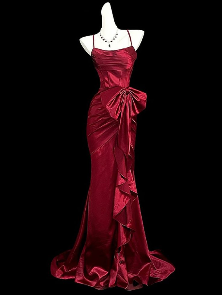 Burgundy Mermaid Straps Long Party Dress Satin Prom Dress - FashionDia