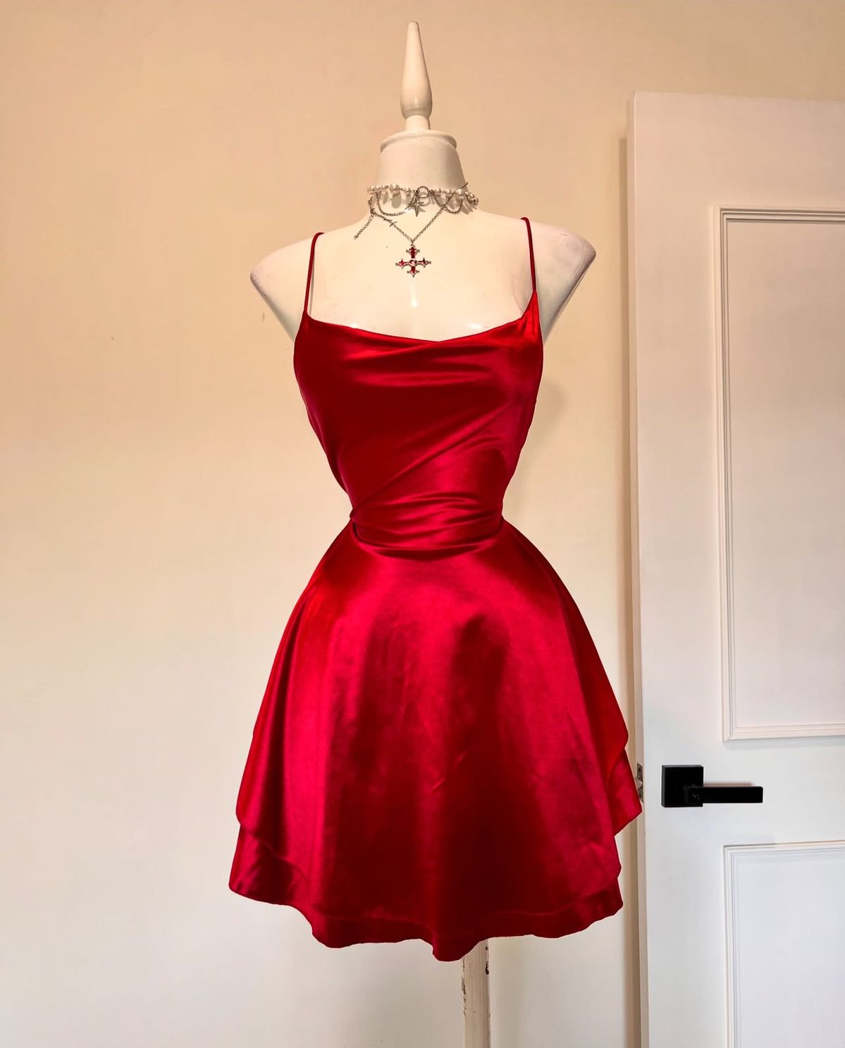 Simple Red Spaghetti Straps Satin A Line Short Cocktail Dress Homecoming Dress