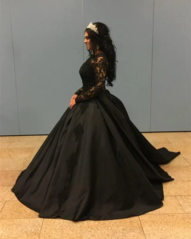 New Arrival Black Long Sleeves Satin Ball Gown Prom Dresses With Appliques