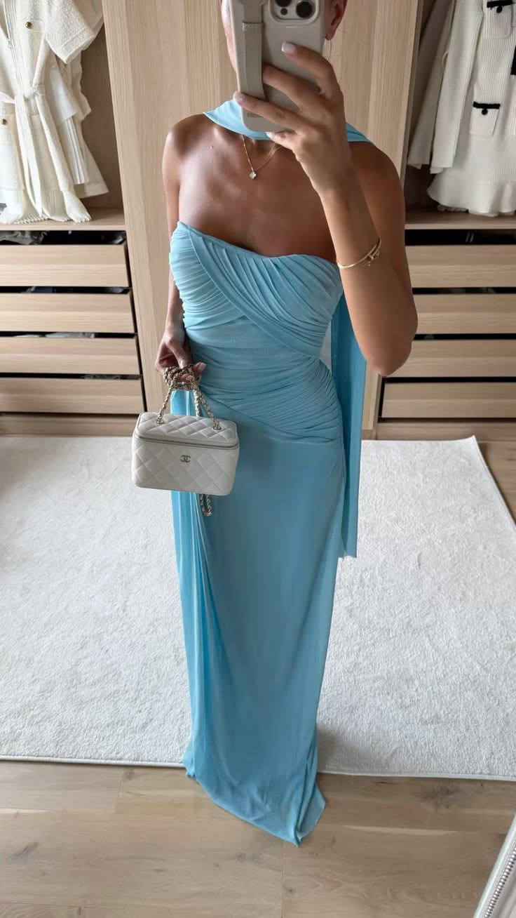 Elegant Blue Strapless Chiffon Pleated Sheath Long Party Dress Birthday Prom Dress Dress With Scarf D4801