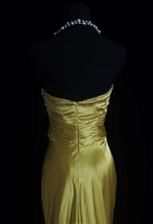 Stylish Strapless Gold Satin Pleated Beaded Mermaid Long Birthday Party Dress Evening Dress