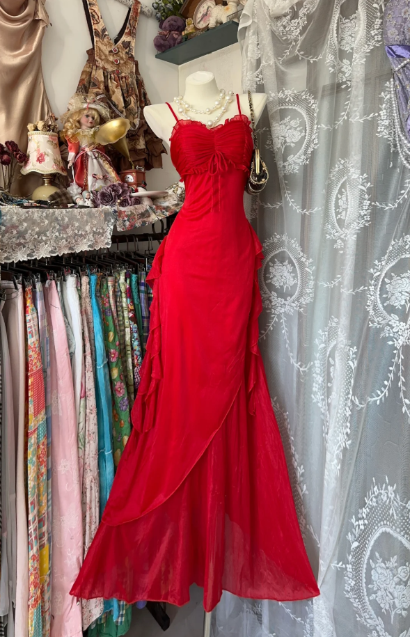 Classy Spaghetti Straps Red Tulle Chiffon Mermaid Evening Dress Long Party Dress - FashionDia