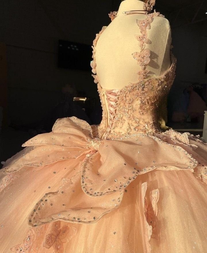 Glamorous Pink Tulle Sequin Beaded Appliques Quinceanera Dress Sweet 16 Dress With Bow
