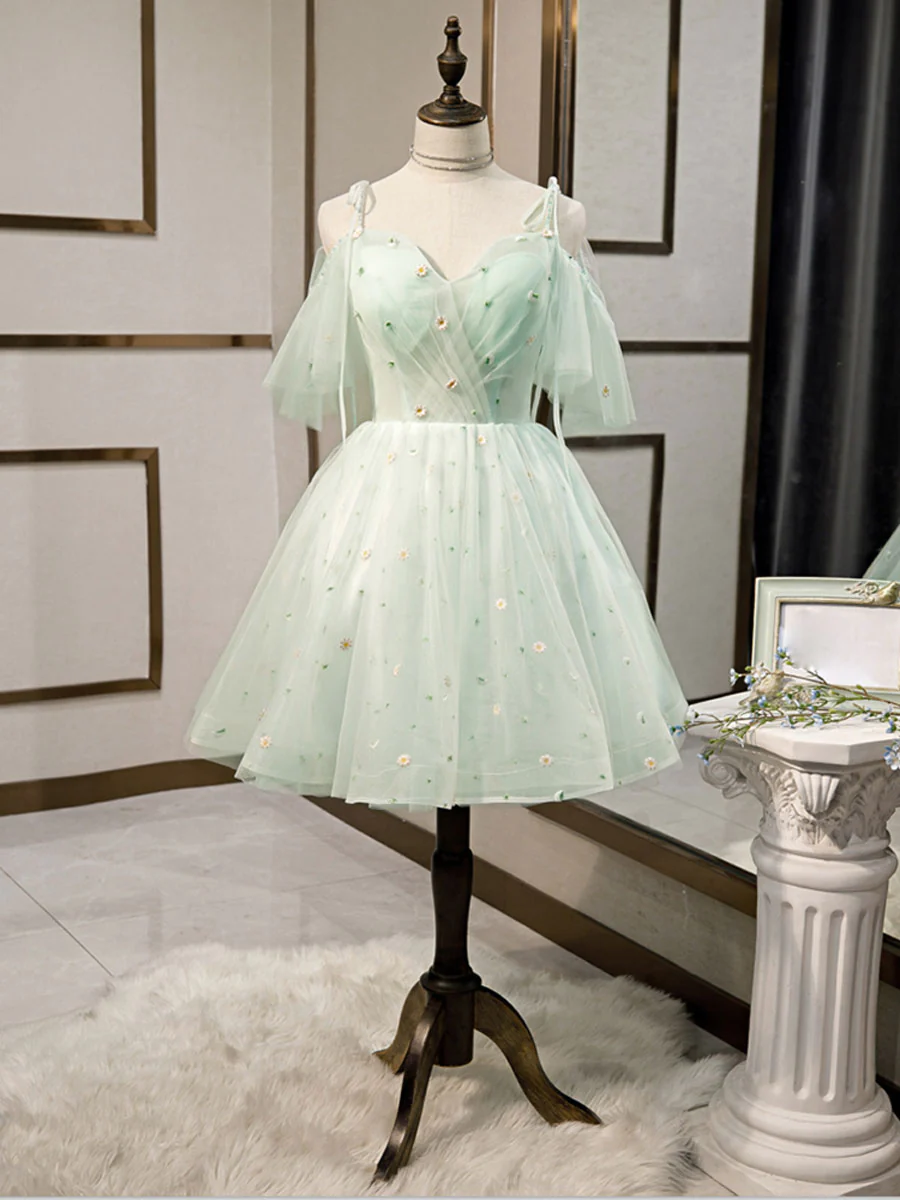 Simple Sweetheart Neck Tulle Short Dresses Puffy Green Homecoming Dresses - FashionDia