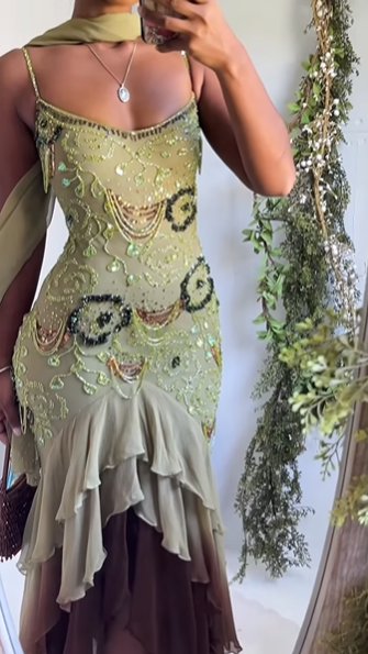 Classy Spaghetti Strap Sage Green Chiffon Beaded Mermaid Evening Dress Long Birthday Party Dress With Scarf - View 2 | FashionDia