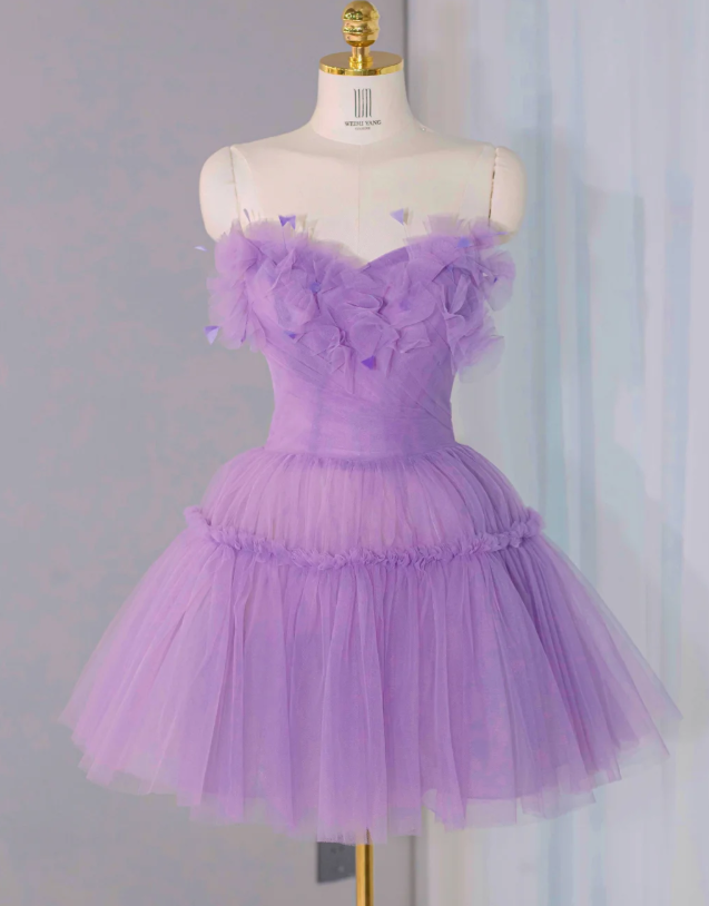 Cute Lavender Tulle A Line Homecoming Dress Strapless Mini Birthday Dress