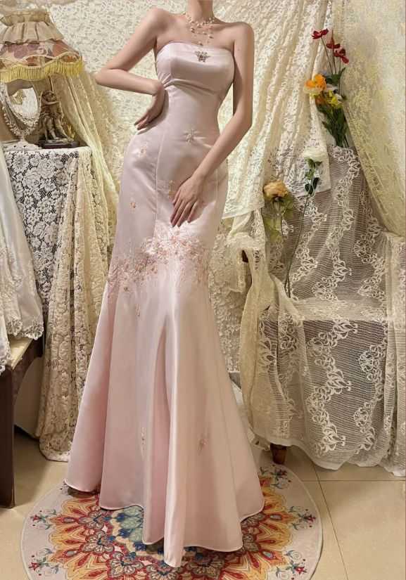 Classy Pink Strapless Satin Sequin Beaded Long Mermaid Evening Dress Party Gown - FashionDia
