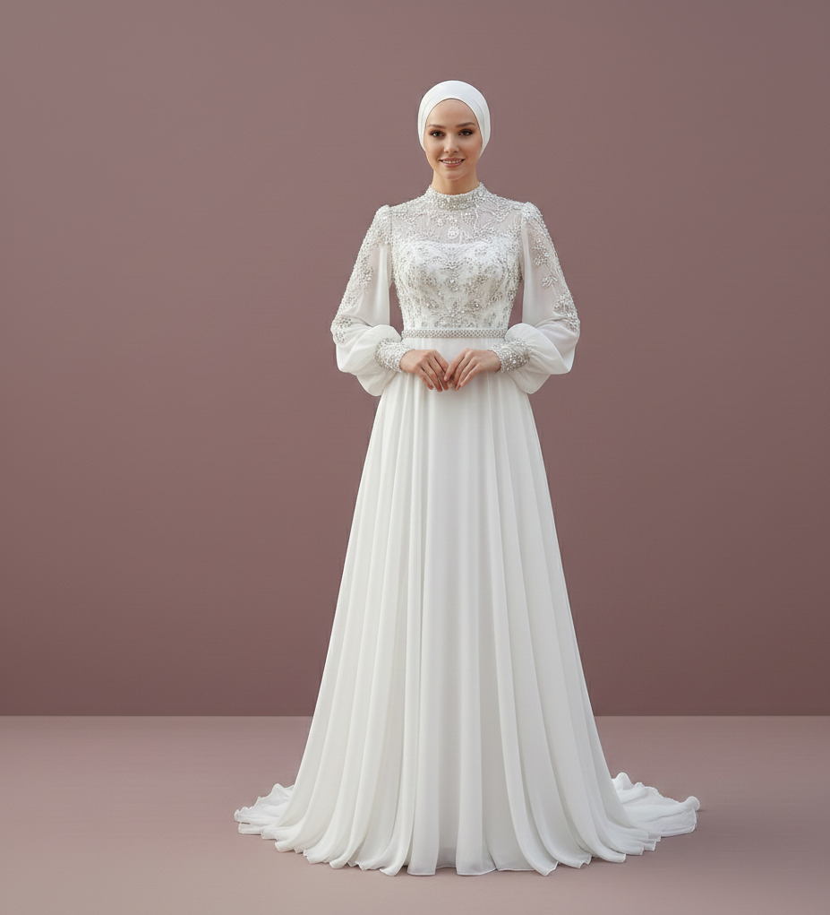 Asymmetrical Muslim Wedding Dress Modest Designer Style Wear - FashionDia
