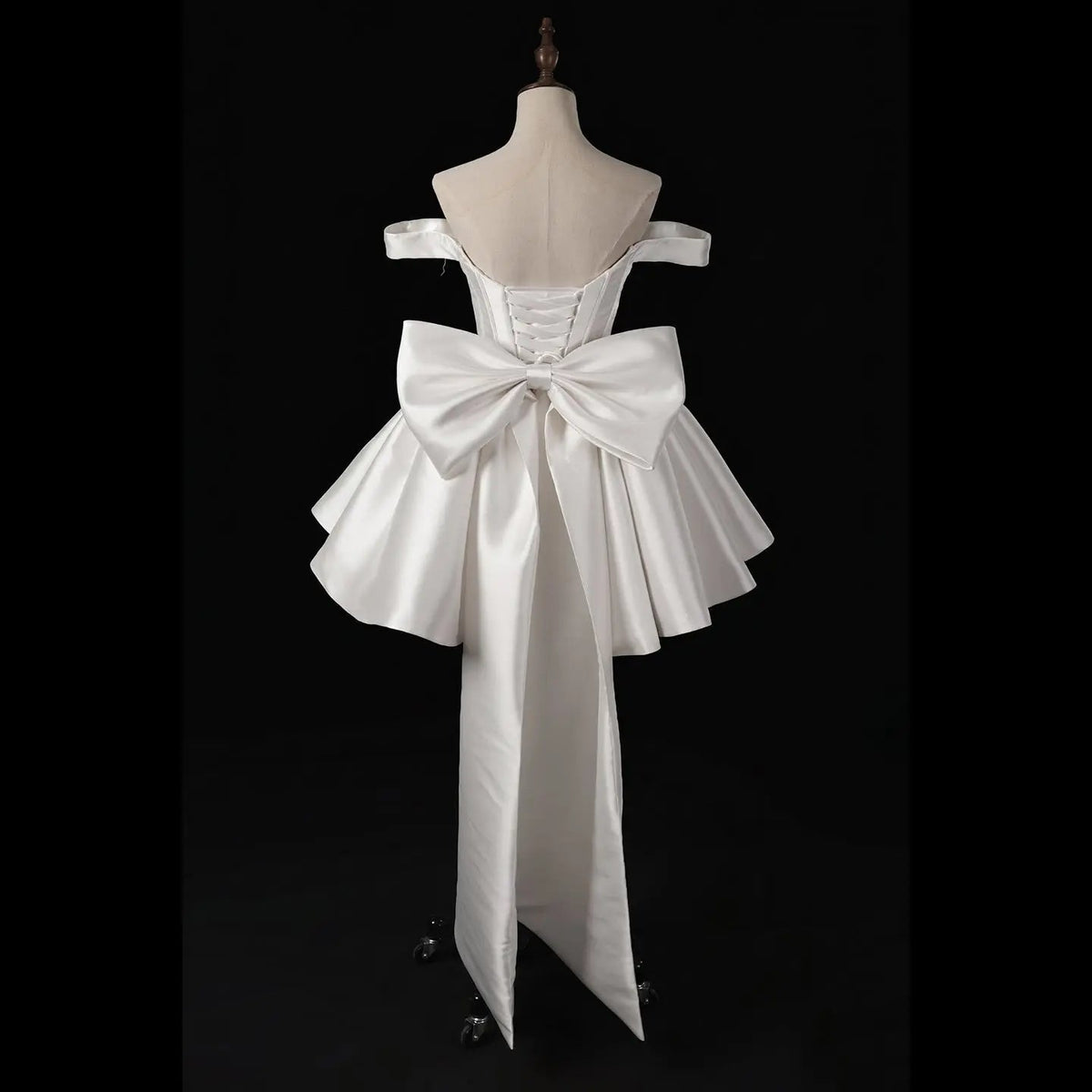 Elegant Lvory Off-the-Shoulder Satin Wedding Dress with Large Bow ZP051