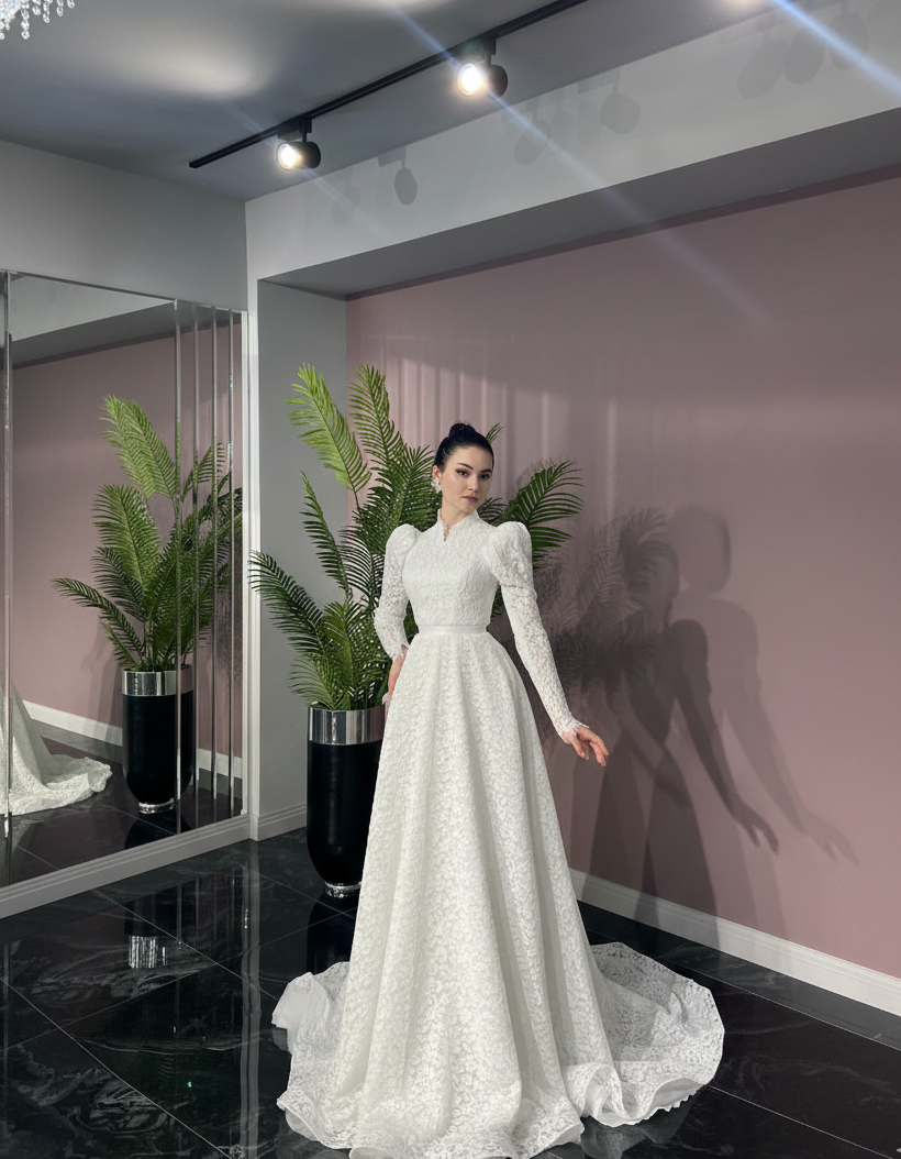 Designer Muslim Wedding Dress Silk Modest Hand Stitched Luxury - FashionDia